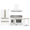 Forno 4-Piece Appliance Package - 48-Inch Galiano French Door Dual Fuel Range, Wall Mount Range Hood, 36-Inch Refrigerator, and Dishwasher in White with Antique Brass Trim