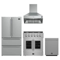 Forno 4-Piece Appliance Package - 30-Inch Galiano French Door Gas Range, Wall Mount Range Hood, 36-Inch Refrigerator, and Dishwasher in Stainless Steel