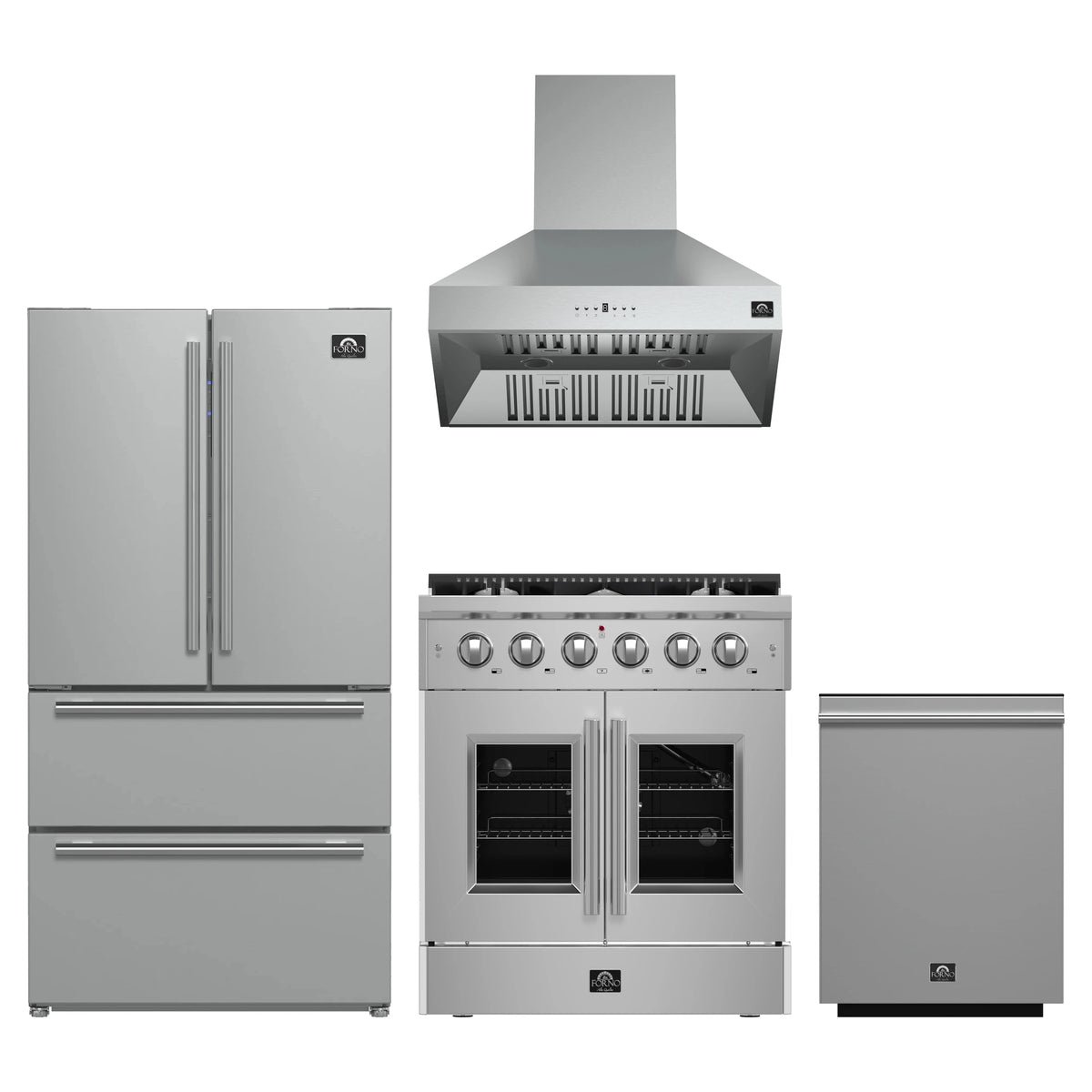 Forno 4-Piece Appliance Package - 30-Inch Galiano French Door Gas Range, Wall Mount Range Hood, 36-Inch Refrigerator, and Dishwasher in Stainless Steel