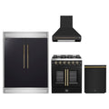 Forno 4-Piece Appliance Package - 30-Inch Galiano French Door Gas Range, Wall Mount Range Hood, 60-Inch Refrigerator, and Dishwasher in Black with Antique Brass Trim