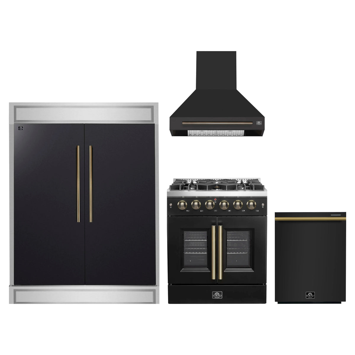 Forno 4-Piece Appliance Package - 30-Inch Galiano French Door Gas Range, Wall Mount Range Hood, 60-Inch Refrigerator, and Dishwasher in Black with Antique Brass Trim