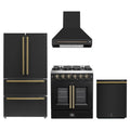 Forno 4-Piece Appliance Package - 30-Inch Galiano French Door Gas Range, Wall Mount Range Hood, 36-Inch Refrigerator, and Dishwasher in Black with Antique Brass Trim