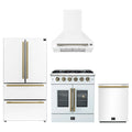 Forno 4-Piece Appliance Package - 30-Inch Galiano French Door Gas Range, Wall Mount Range Hood, 36-Inch Refrigerator, and Dishwasher in White with Antique Brass Trim