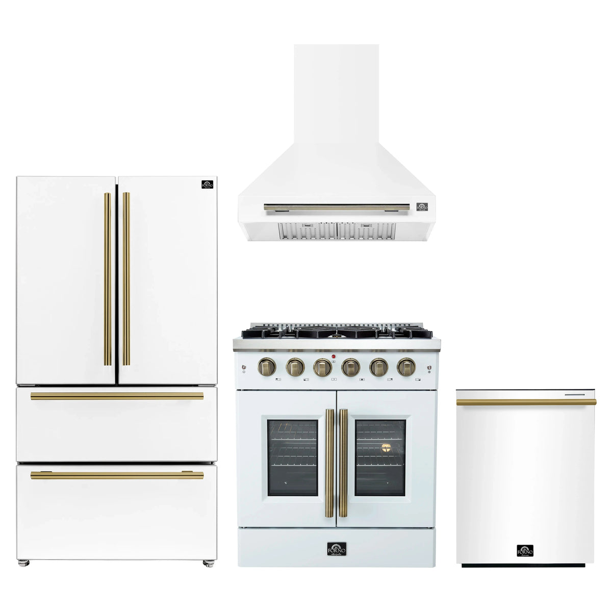 Forno 4-Piece Appliance Package - 30-Inch Galiano French Door Gas Range, Wall Mount Range Hood, 36-Inch Refrigerator, and Dishwasher in White with Antique Brass Trim