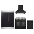 Forno 4-Piece Appliance Package - 36-Inch Galiano French Door Gas Range, Wall Mount Range Hood, 60-Inch Refrigerator, and Dishwasher in Black with Antique Brass Trim