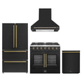Forno 4-Piece Appliance Package - 36-Inch Galiano French Door Gas Range, Wall Mount Range Hood, 36-Inch Refrigerator, and Dishwasher in Black with Antique Brass Trim
