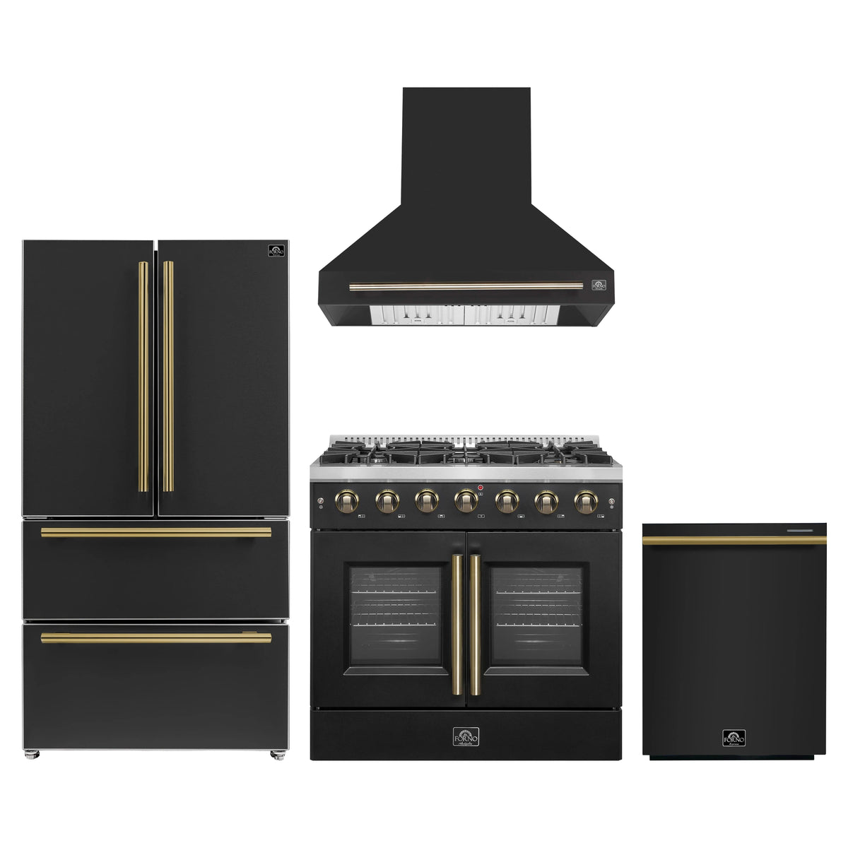 Forno 4-Piece Appliance Package - 36-Inch Galiano French Door Gas Range, Wall Mount Range Hood, 36-Inch Refrigerator, and Dishwasher in Black with Antique Brass Trim