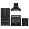Forno 4-Piece Appliance Package - 36-Inch Galiano French Door Gas Range, Wall Mount Range Hood, 36-Inch Refrigerator, and Dishwasher in Black with Antique Brass Trim