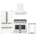 Forno 4-Piece Appliance Package - 36-Inch Galiano French Door Gas Range, Wall Mount Range Hood, 36-Inch Refrigerator, and Dishwasher in White with Antique Brass Trim