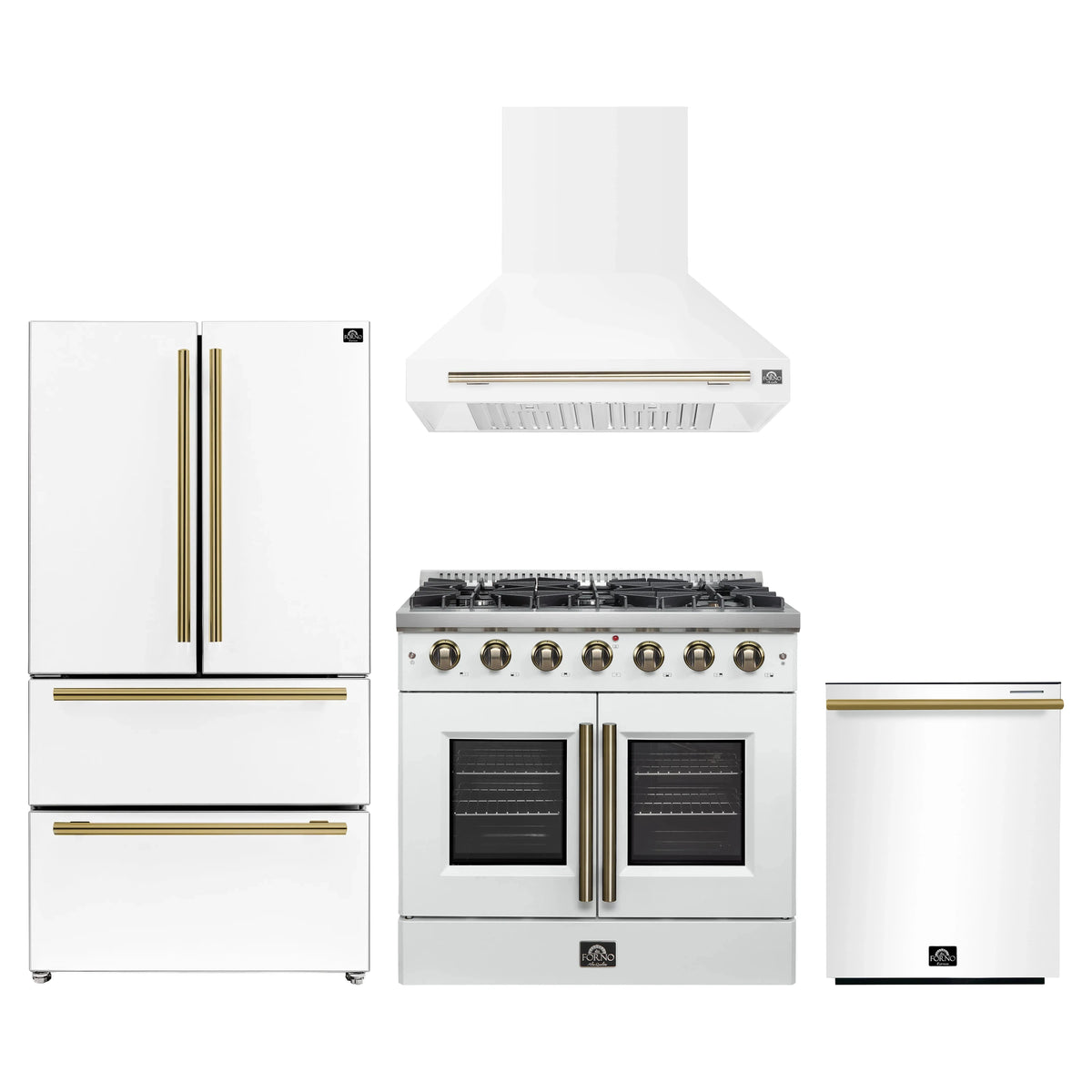 Forno 4-Piece Appliance Package - 36-Inch Galiano French Door Gas Range, Wall Mount Range Hood, 36-Inch Refrigerator, and Dishwasher in White with Antique Brass Trim