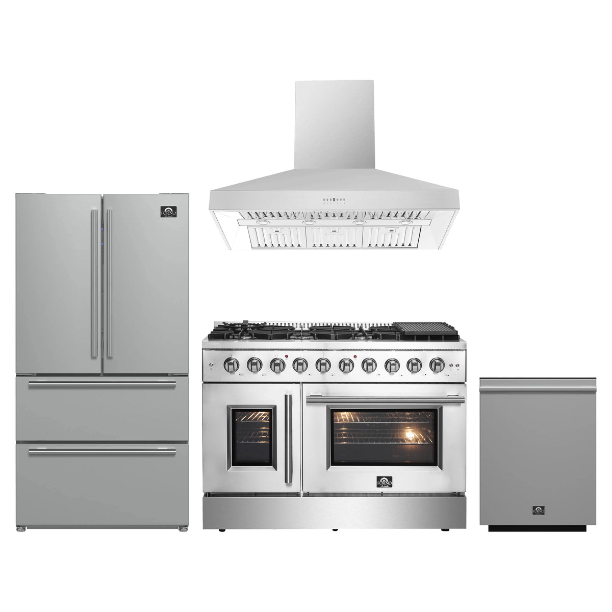 Forno 4-Piece Appliance Package - 48-Inch Galiano French Door Gas Range, Wall Mount Range Hood, 36-Inch Refrigerator, and Dishwasher in Stainless Steel