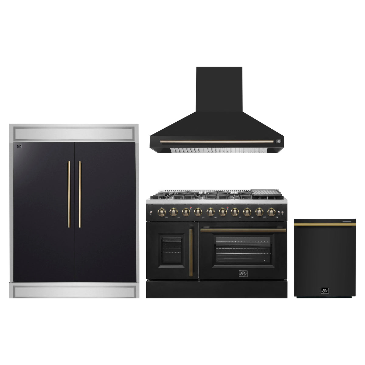 Forno 4-Piece Appliance Package - 48-Inch Galiano French Door Gas Range, Wall Mount Range Hood, 60-Inch Refrigerator, and Dishwasher in Black with Antique Brass Trim