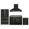 Forno 4-Piece Appliance Package - 48-Inch Galiano French Door Gas Range, Wall Mount Range Hood, 36-Inch Refrigerator, and Dishwasher in Black with Antique Brass Trim