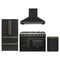 Forno 4-Piece Appliance Package - 48-Inch Galiano French Door Gas Range, Wall Mount Range Hood, 36-Inch Refrigerator, and Dishwasher in Black with Antique Brass Trim