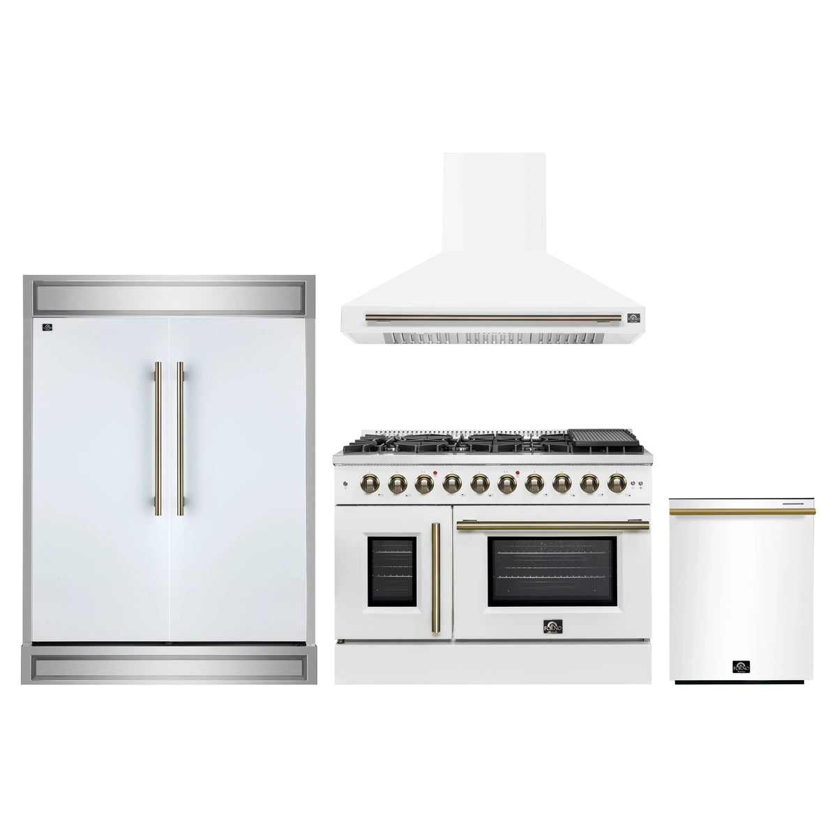 Forno 4-Piece Appliance Package - 48-Inch Galiano French Door Gas Range, Wall Mount Range Hood, 60-Inch Refrigerator, and Dishwasher in White with Antique Brass Trim