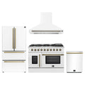 Forno 4-Piece Appliance Package - 48-Inch Galiano French Door Gas Range, Wall Mount Range Hood, 36-Inch Refrigerator, and Dishwasher in White with Antique Brass Trim