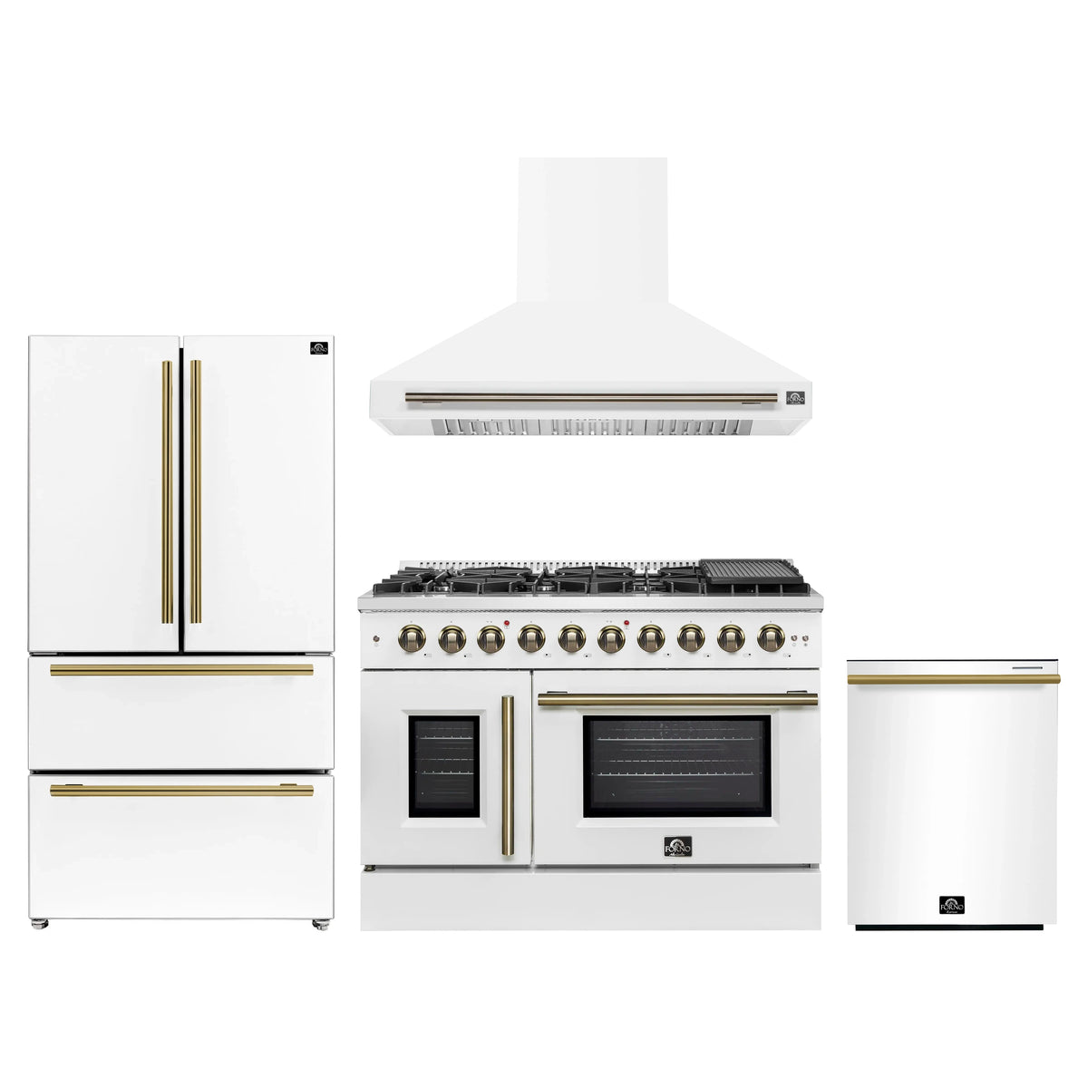 Forno 4-Piece Appliance Package - 48-Inch Galiano French Door Gas Range, Wall Mount Range Hood, 36-Inch Refrigerator, and Dishwasher in White with Antique Brass Trim