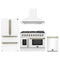 Forno 4-Piece Appliance Package - 48-Inch Galiano French Door Gas Range, Wall Mount Range Hood, 36-Inch Refrigerator, and Dishwasher in White with Antique Brass Trim