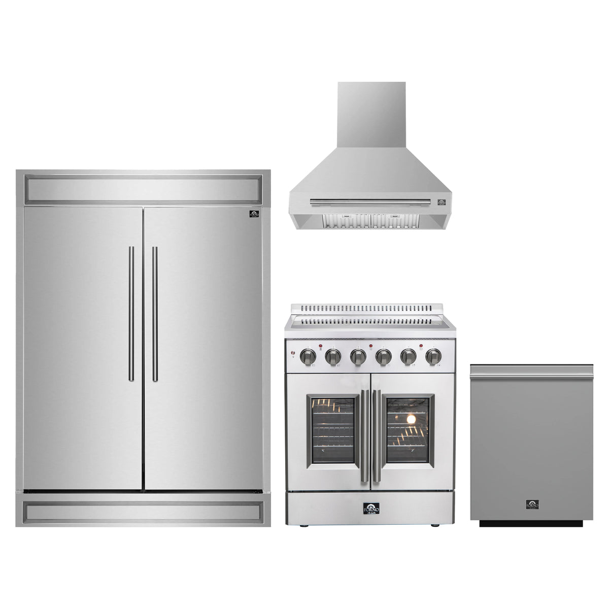 Forno 4-Piece Appliance Package - 30-Inch Galiano French Door Electric Range, Wall Mount Range Hood, 60-Inch Refrigerator, and Dishwasher in Stainless Steel