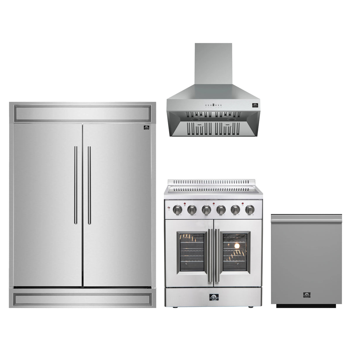 Forno 4-Piece Appliance Package - 30-Inch Galiano French Door Electric Range, Wall Mount Range Hood, 60-Inch Refrigerator, and Dishwasher in Stainless Steel