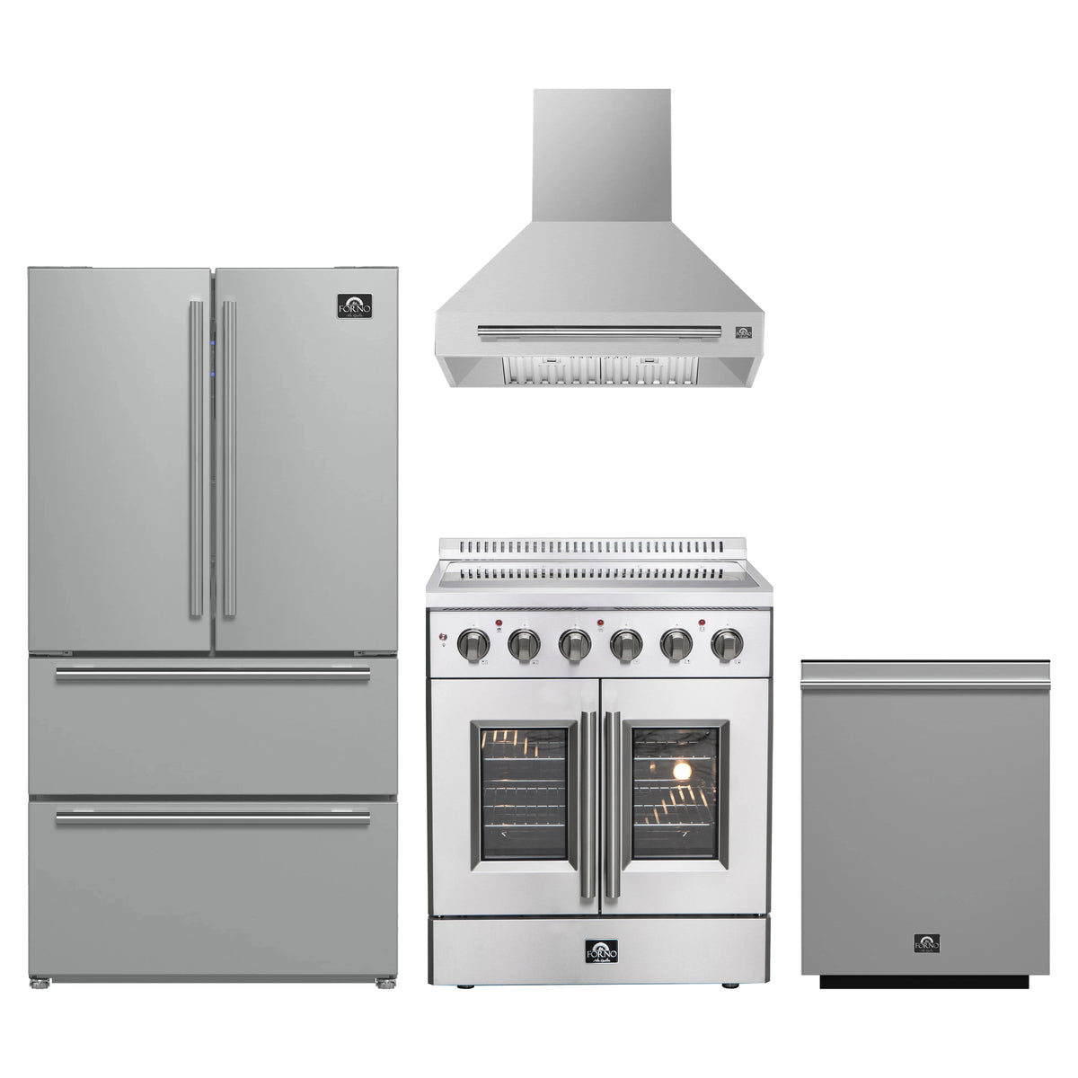 Forno 4-Piece Appliance Package - 30-Inch Galiano French Door Electric Range, Wall Mount Range Hood, 36-Inch Refrigerator, and Dishwasher in Stainless Steel