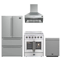 Forno 4-Piece Appliance Package - 30-Inch Galiano French Door Electric Range, Wall Mount Range Hood, 36-Inch Refrigerator, and Dishwasher in Stainless Steel