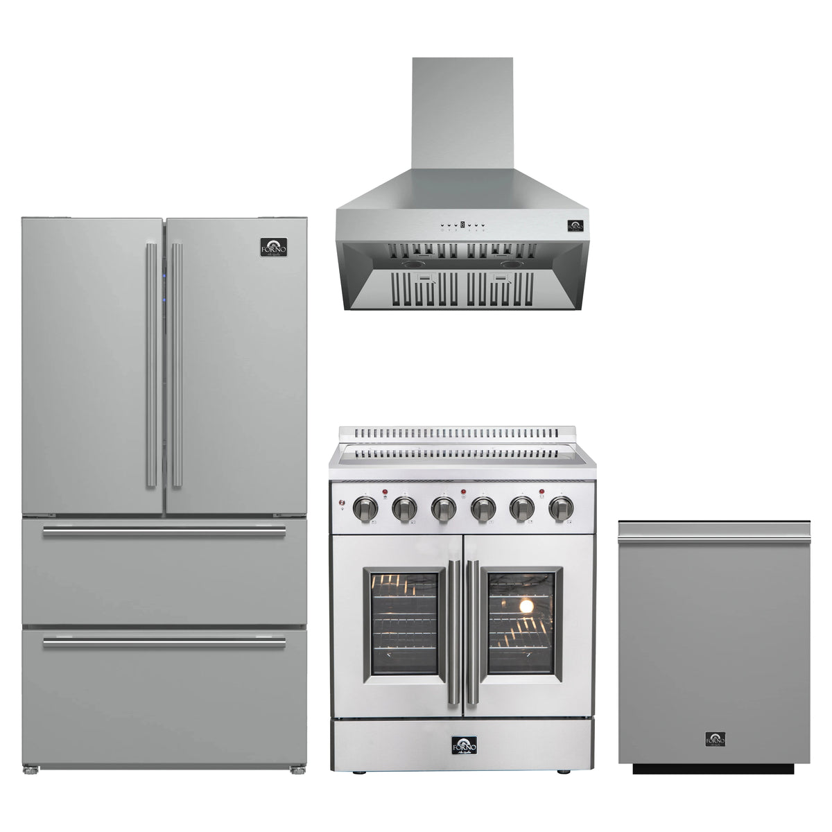 Forno 4-Piece Appliance Package - 30-Inch Galiano French Door Electric Range, Wall Mount Range Hood, 36-Inch Refrigerator, and Dishwasher in Stainless Steel