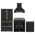 Forno 4-Piece Appliance Package - 30-Inch Galiano French Door Electric Range, Wall Mount Range Hood, 36-Inch Refrigerator, and Dishwasher in Black with Antique Brass Trim