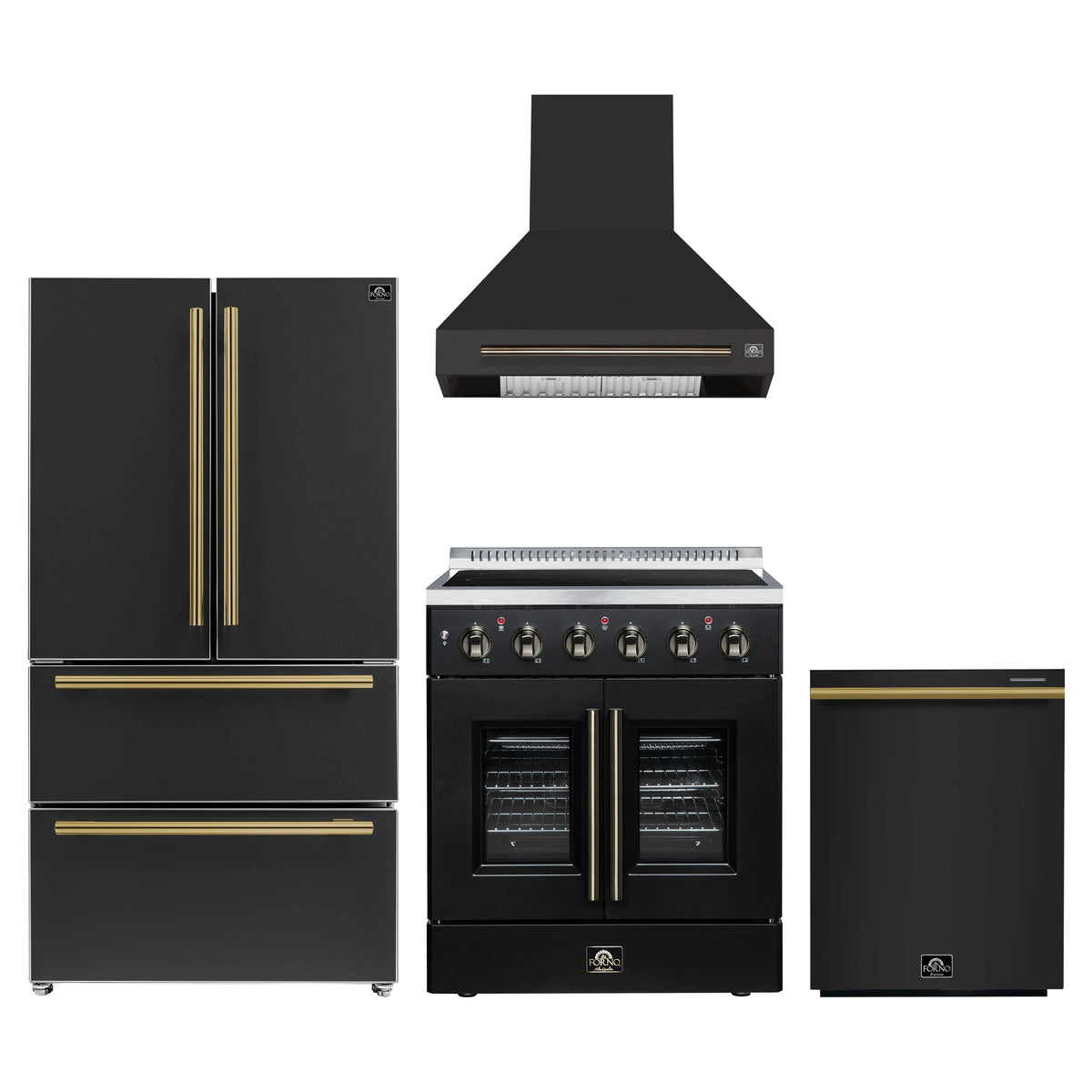 Forno 4-Piece Appliance Package - 30-Inch Galiano French Door Electric Range, Wall Mount Range Hood, 36-Inch Refrigerator, and Dishwasher in Black with Antique Brass Trim