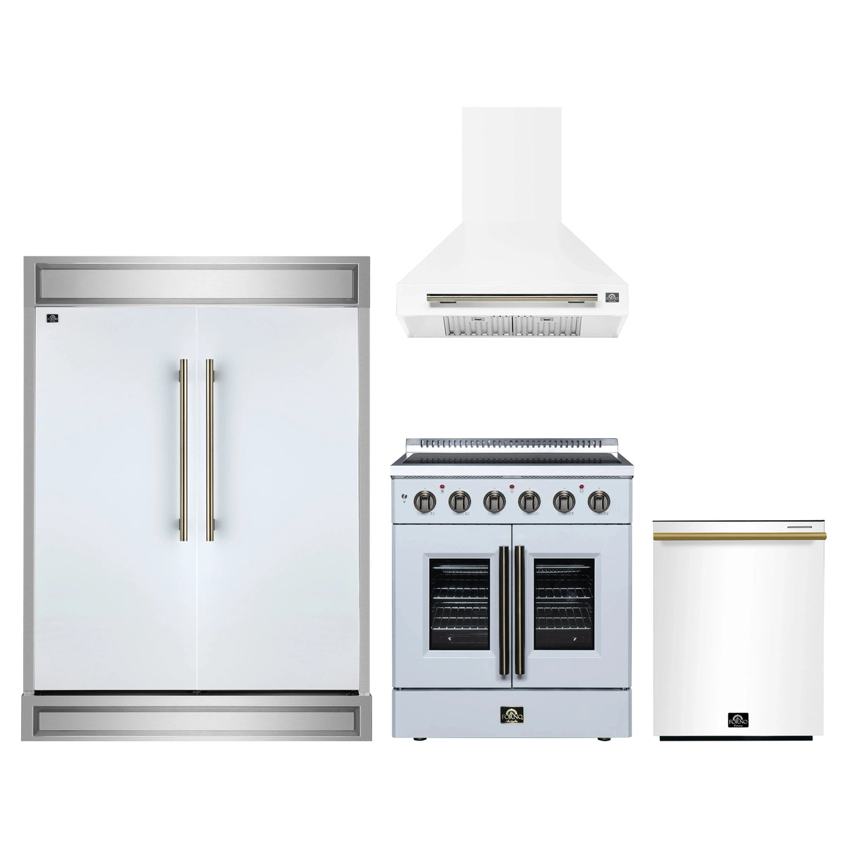 Forno 4-Piece Appliance Package - 30-Inch Galiano French Door Electric Range, Wall Mount Range Hood, 60-Inch Refrigerator, and Dishwasher in White with Antique Brass Trim