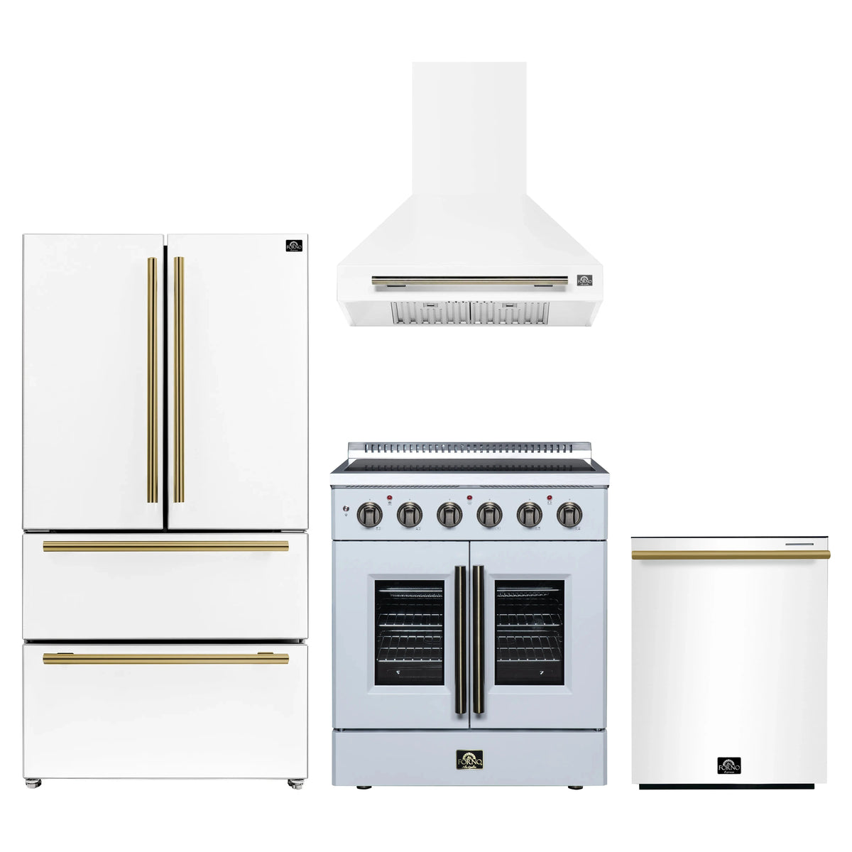 Forno 4-Piece Appliance Package - 30-Inch Galiano French Door Electric Range, Wall Mount Range Hood, 36-Inch Refrigerator, and Dishwasher in White with Antique Brass Trim