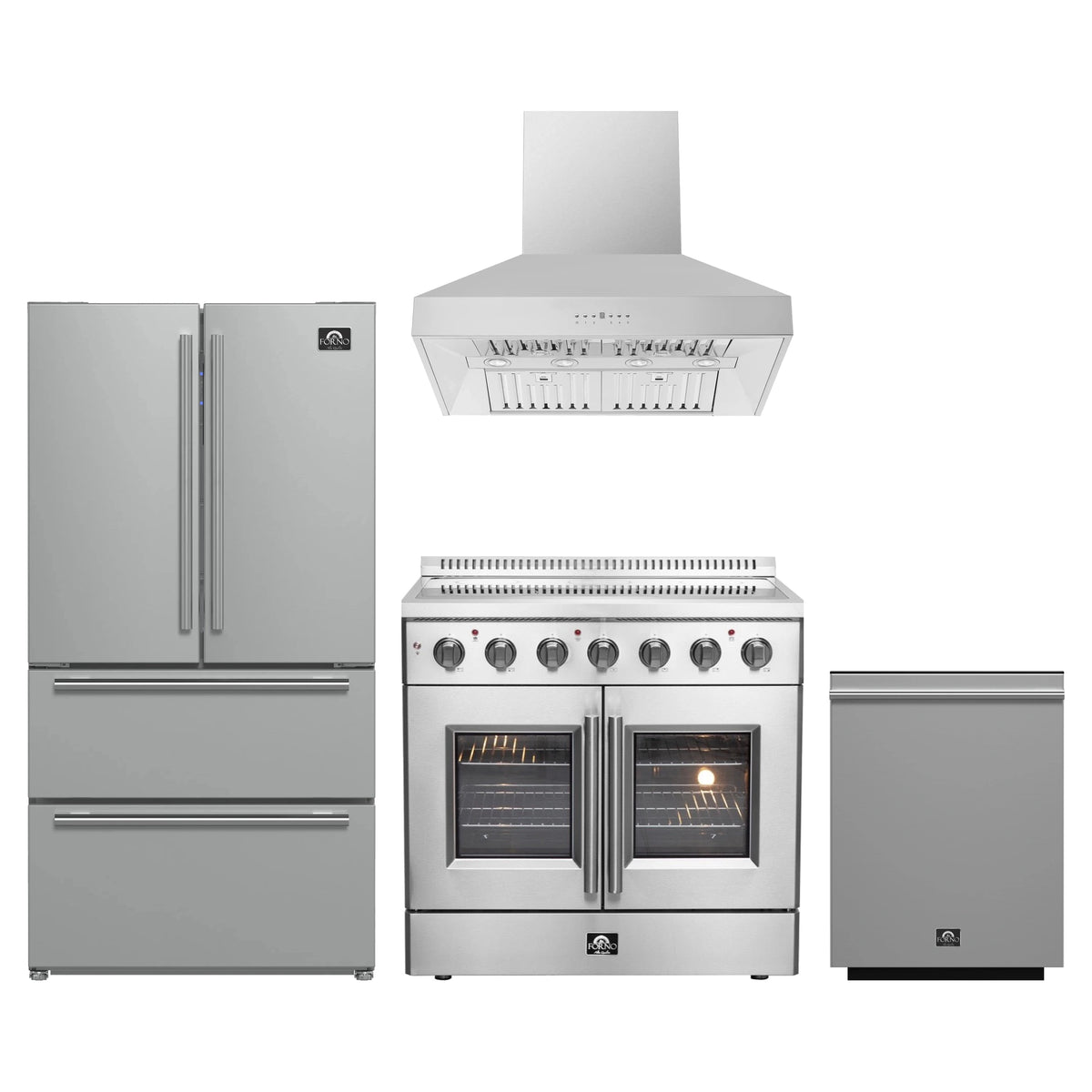 Forno 4-Piece Appliance Package - 36-Inch Galiano French Door Electric Range, Wall Mount Range Hood, 36-Inch Refrigerator, and Dishwasher in Stainless Steel