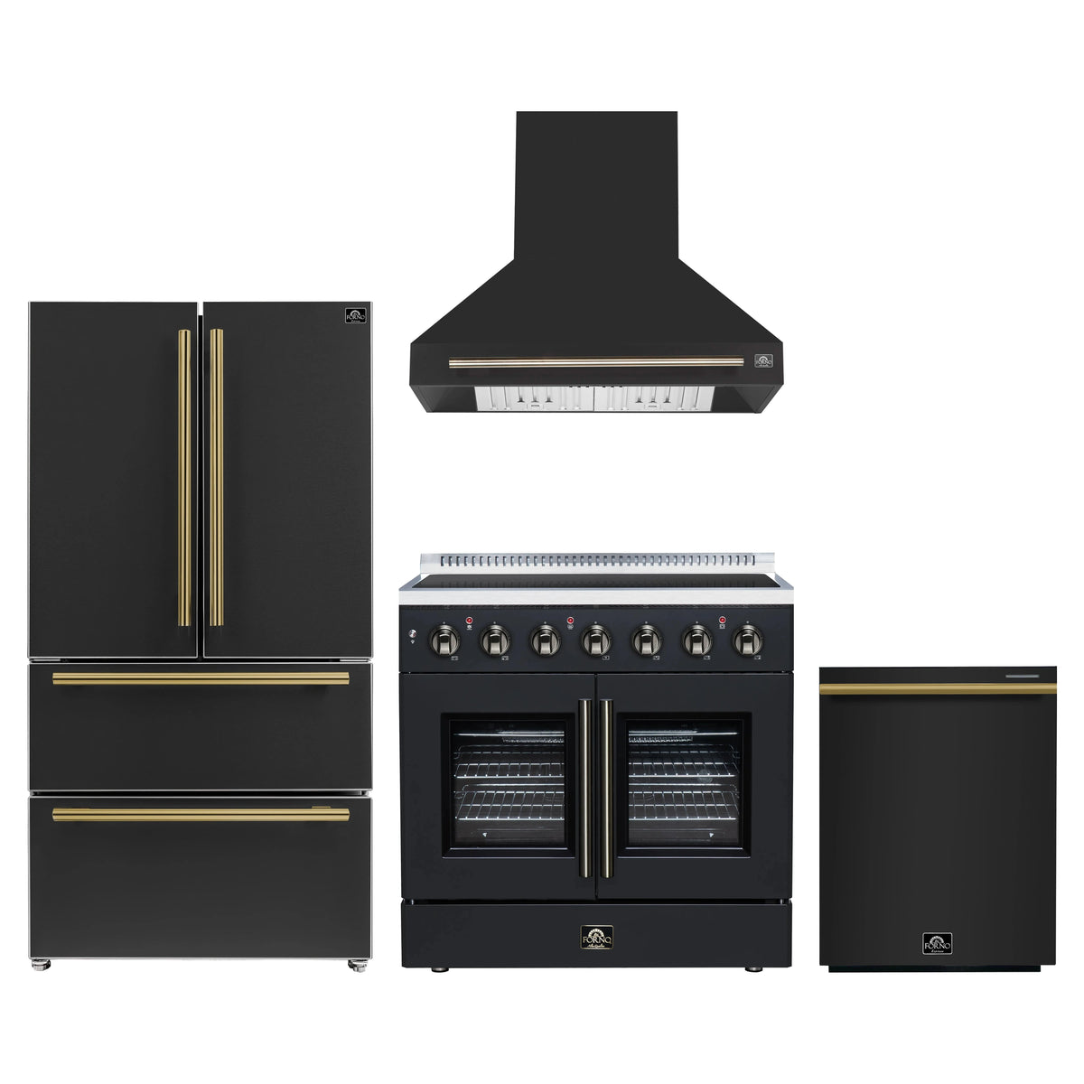 Forno 4-Piece Appliance Package - 36-Inch Galiano French Door Electric Range, Wall Mount Range Hood, 36-Inch Refrigerator, and Dishwasher in Black with Antique Brass Trim