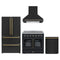 Forno 4-Piece Appliance Package - 36-Inch Galiano French Door Electric Range, Wall Mount Range Hood, 36-Inch Refrigerator, and Dishwasher in Black with Antique Brass Trim