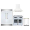 Forno 4-Piece Appliance Package - 36-Inch Galiano French Door Electric Range, Wall Mount Range Hood, 60-Inch Refrigerator, and Dishwasher in White with Antique Brass Trim