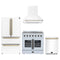 Forno 4-Piece Appliance Package - 36-Inch Galiano French Door Electric Range, Wall Mount Range Hood, 36-Inch Refrigerator, and Dishwasher in White with Antique Brass Trim
