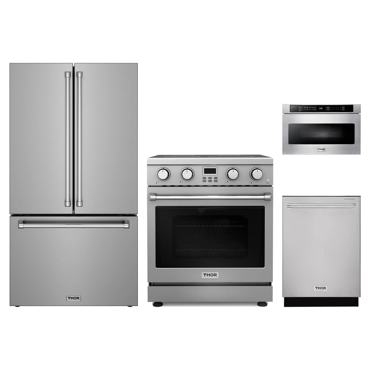 Thor Kitchen 4-Piece Appliance Package - 30-Inch Electric Range, Counter-Depth Refrigerator, Dishwasher, & Microwave Drawer in Stainless Steel