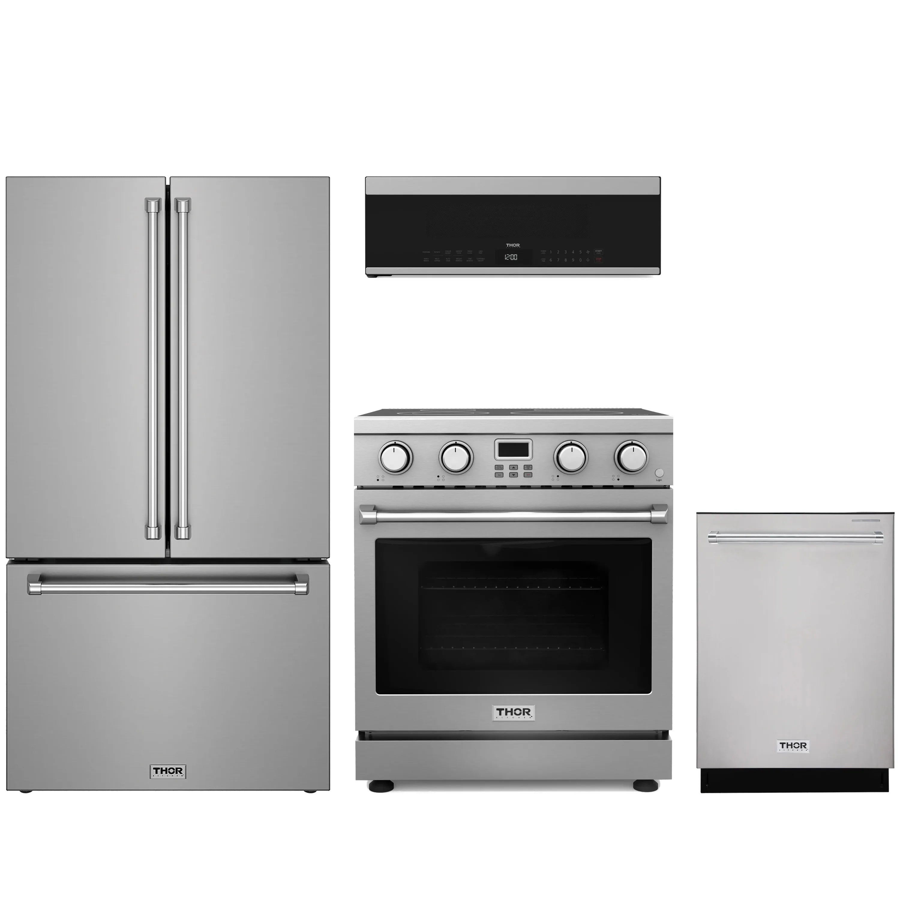 Stainless steel appliance package with refrigerator, electric range, dishwasher, microwave.