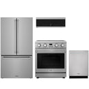 Stainless steel Thor Kitchen appliance package with 30-inch electric range, counter-depth refrigerator, dishwasher, over-the-range microwave