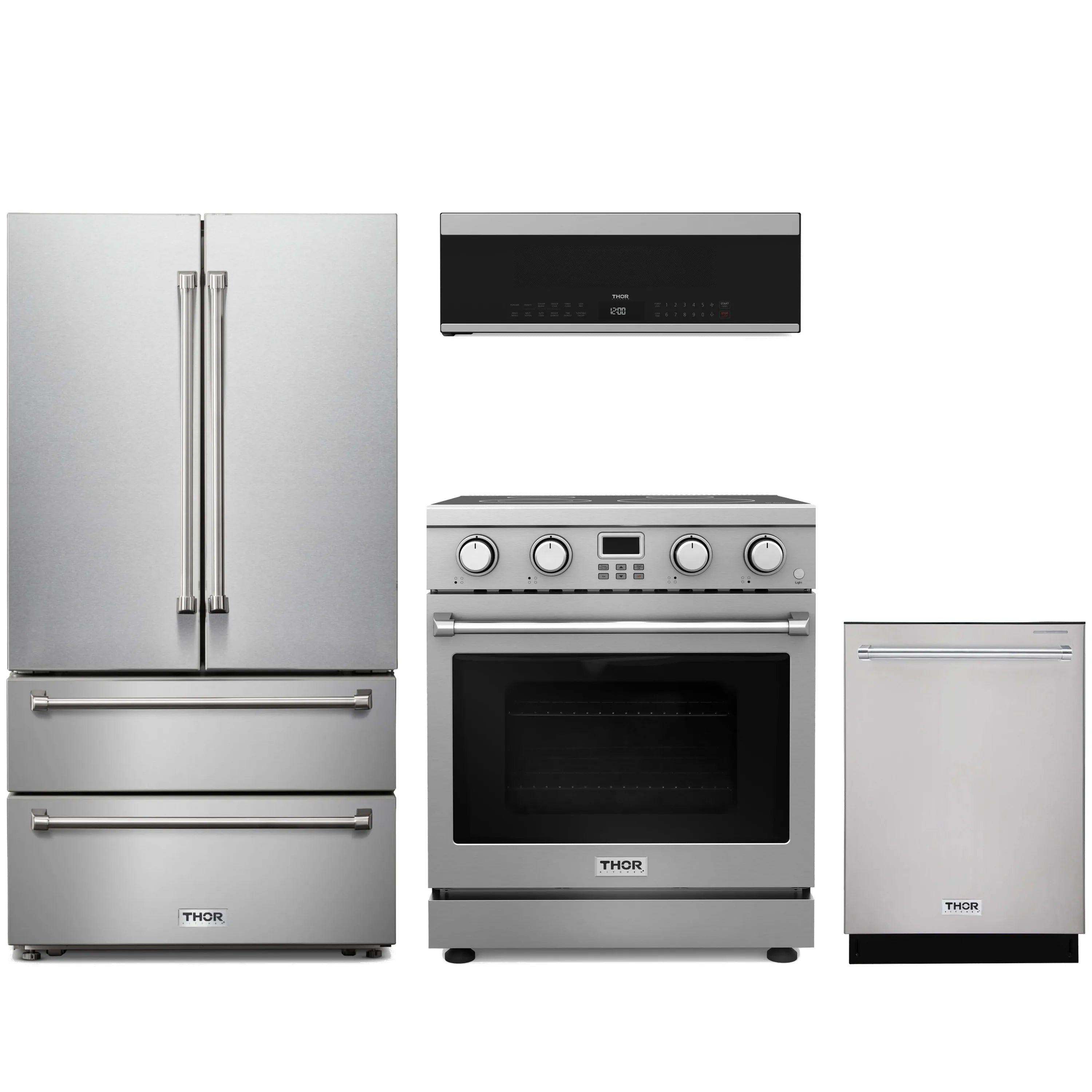 Stainless steel appliance package: refrigerator, electric range, dishwasher, over-the-range microwave