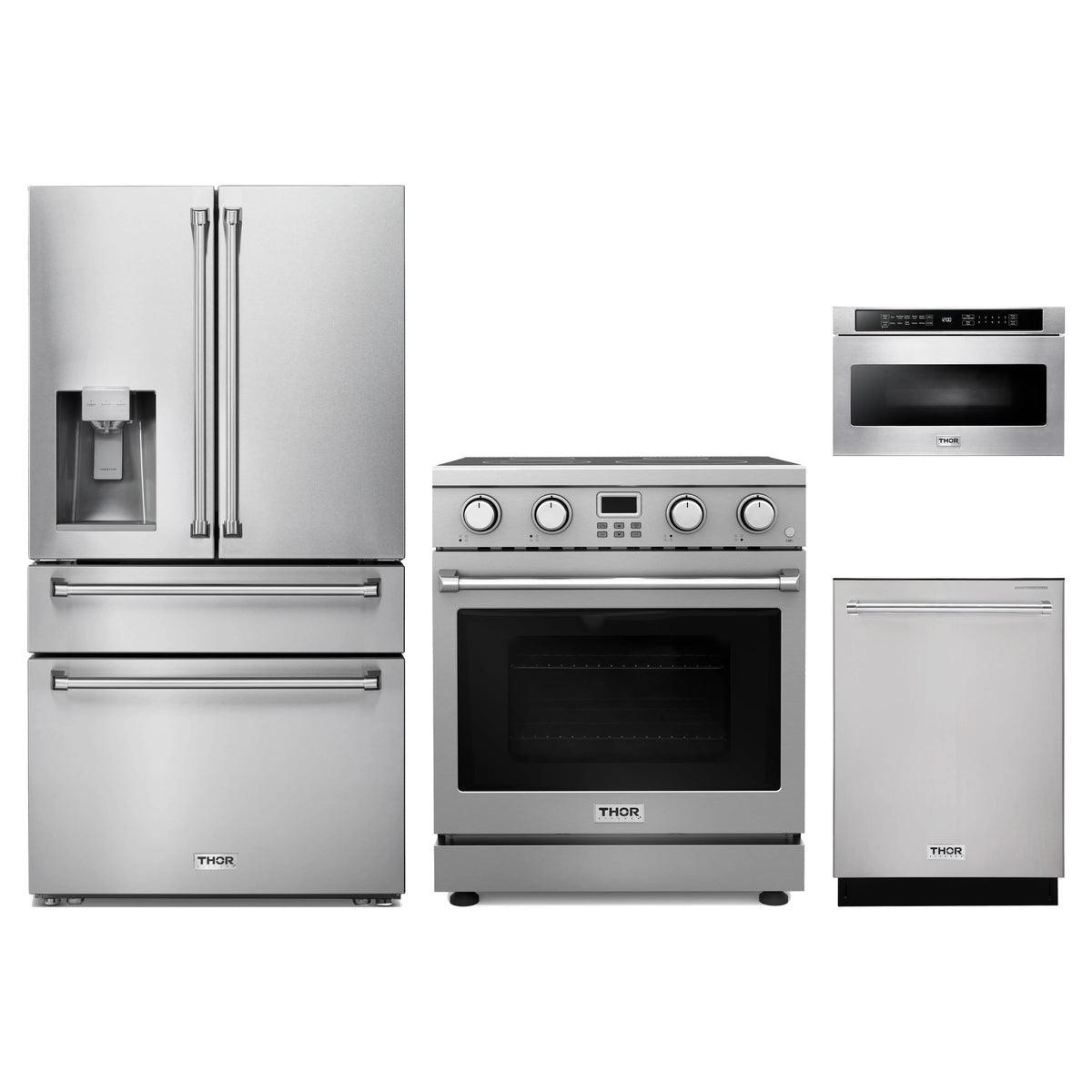 Thor Kitchen 4-Piece Appliance Package - 30-Inch Electric Range, Refrigerator with Water Dispenser, Dishwasher, & Microwave Drawer in Stainless Steel