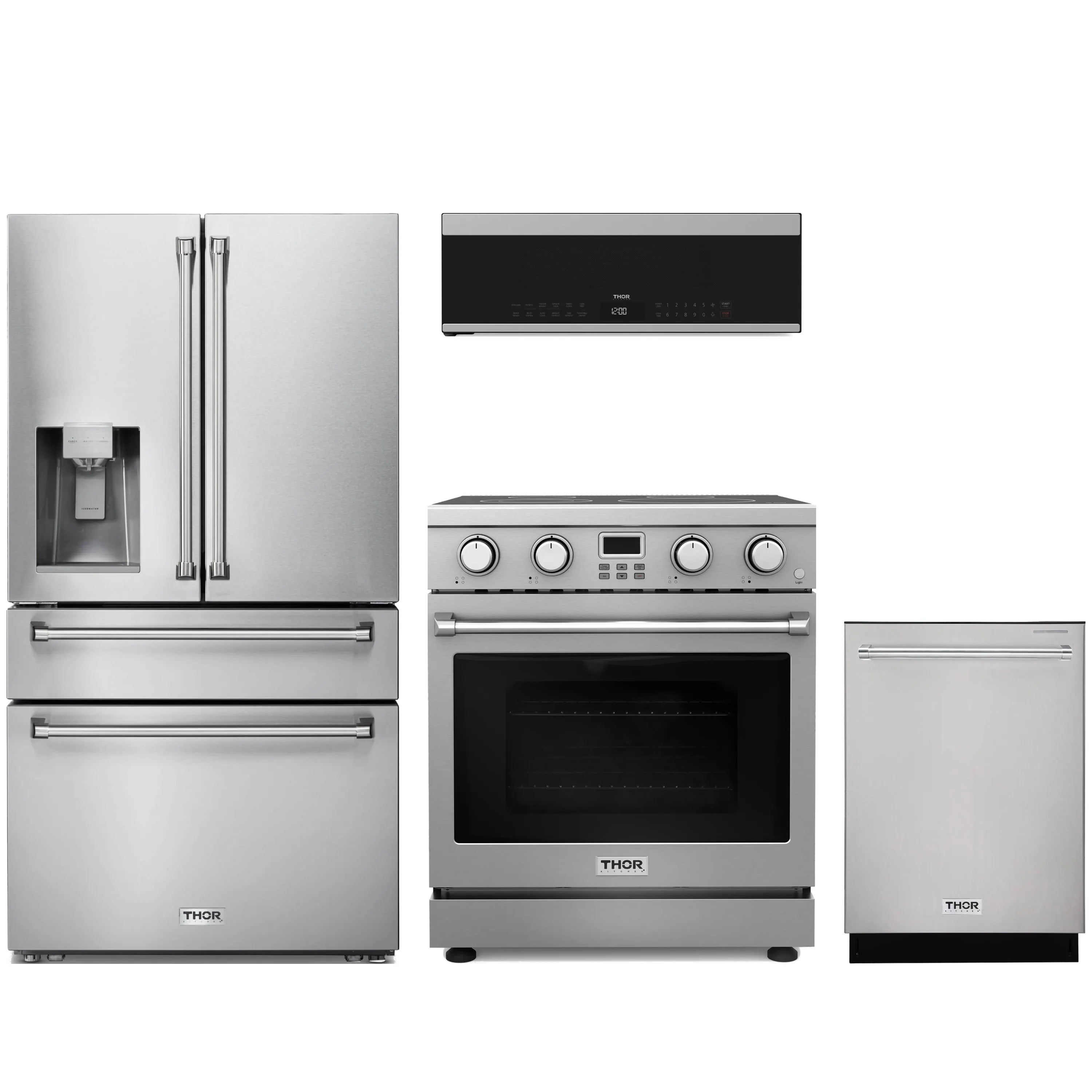 Stainless steel 4-piece appliance package: refrigerator, electric range, dishwasher, microwave