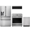 Stainless steel Thor Kitchen appliance package with 30-inch electric range, refrigerator with water dispenser, dishwasher, over-the-range microwave