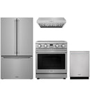 Stainless steel Thor Kitchen appliance package with 30-inch electric range, range hood, counter-depth refrigerator, dishwasher