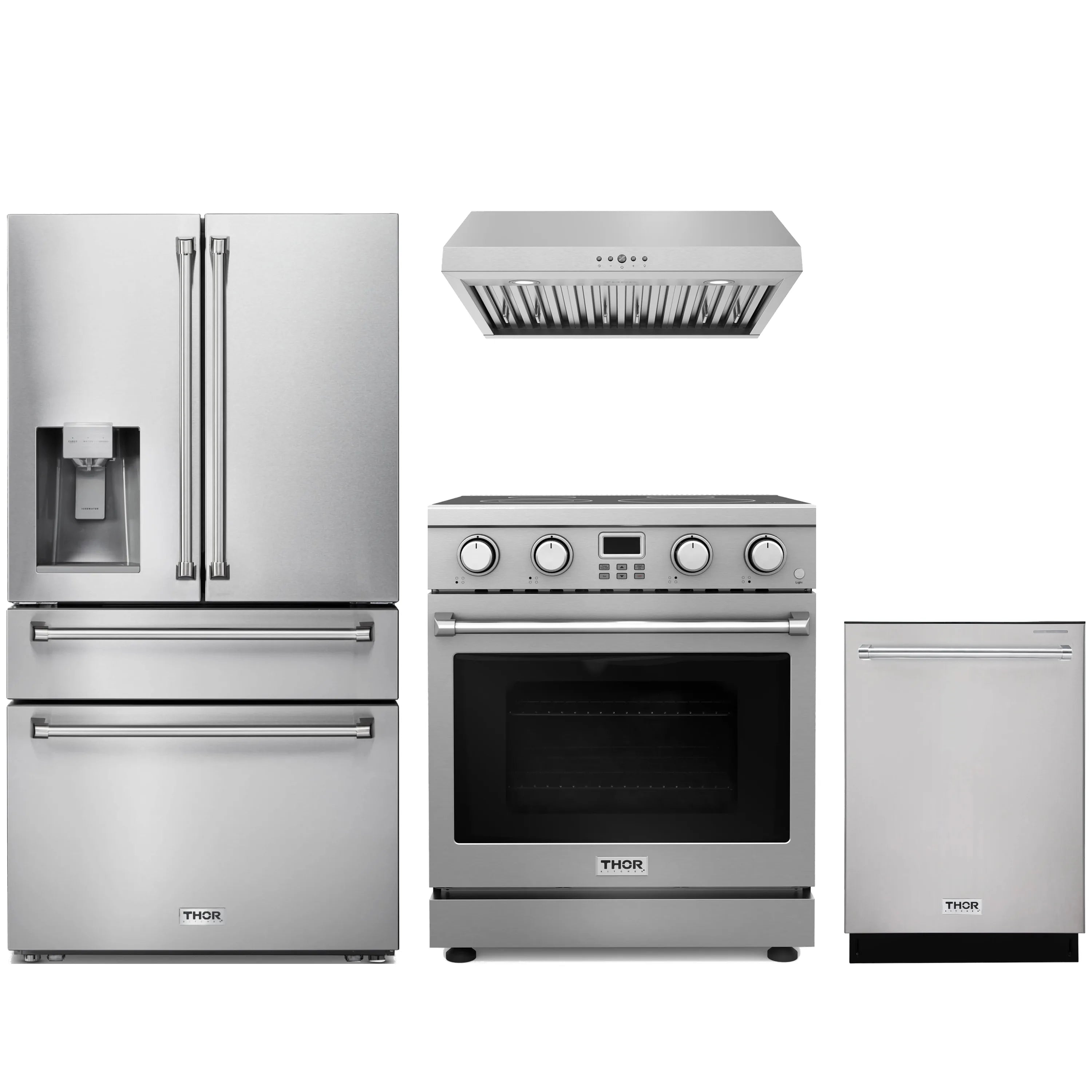 Stainless steel 4-piece kitchen appliance set: range, hood, fridge, dishwasher