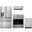 Stainless steel Thor Kitchen appliance package with 30-inch electric range, range hood, refrigerator with water dispenser, dishwasher