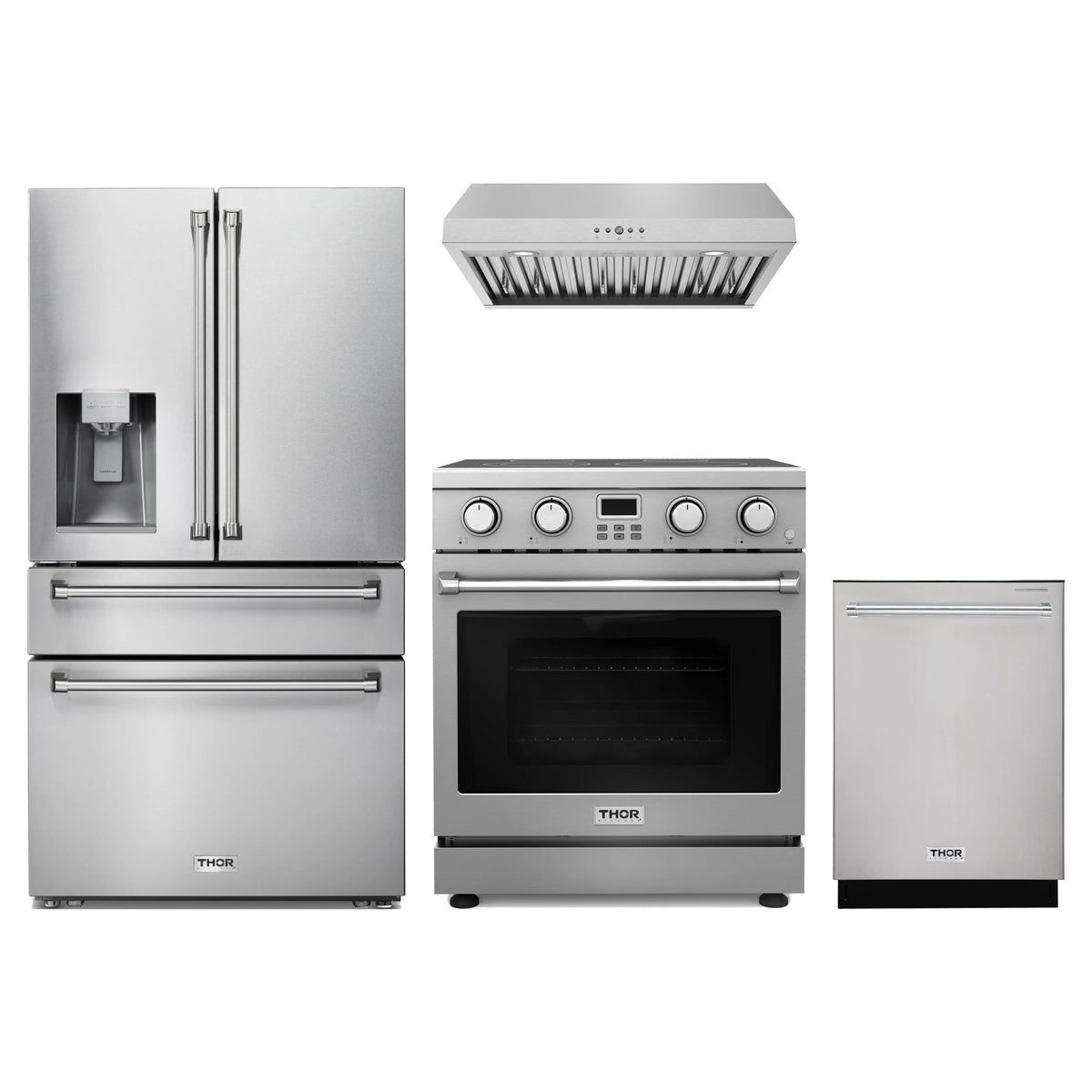 Thor Kitchen 4-Piece Appliance Package - 30-Inch Electric Range, Refrigerator with Water Dispenser, Under Cabinet Hood, & Dishwasher in Stainless Steel