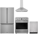 Stainless steel Thor Kitchen appliance package with 30-inch electric range, range hood, counter-depth refrigerator, dishwasher