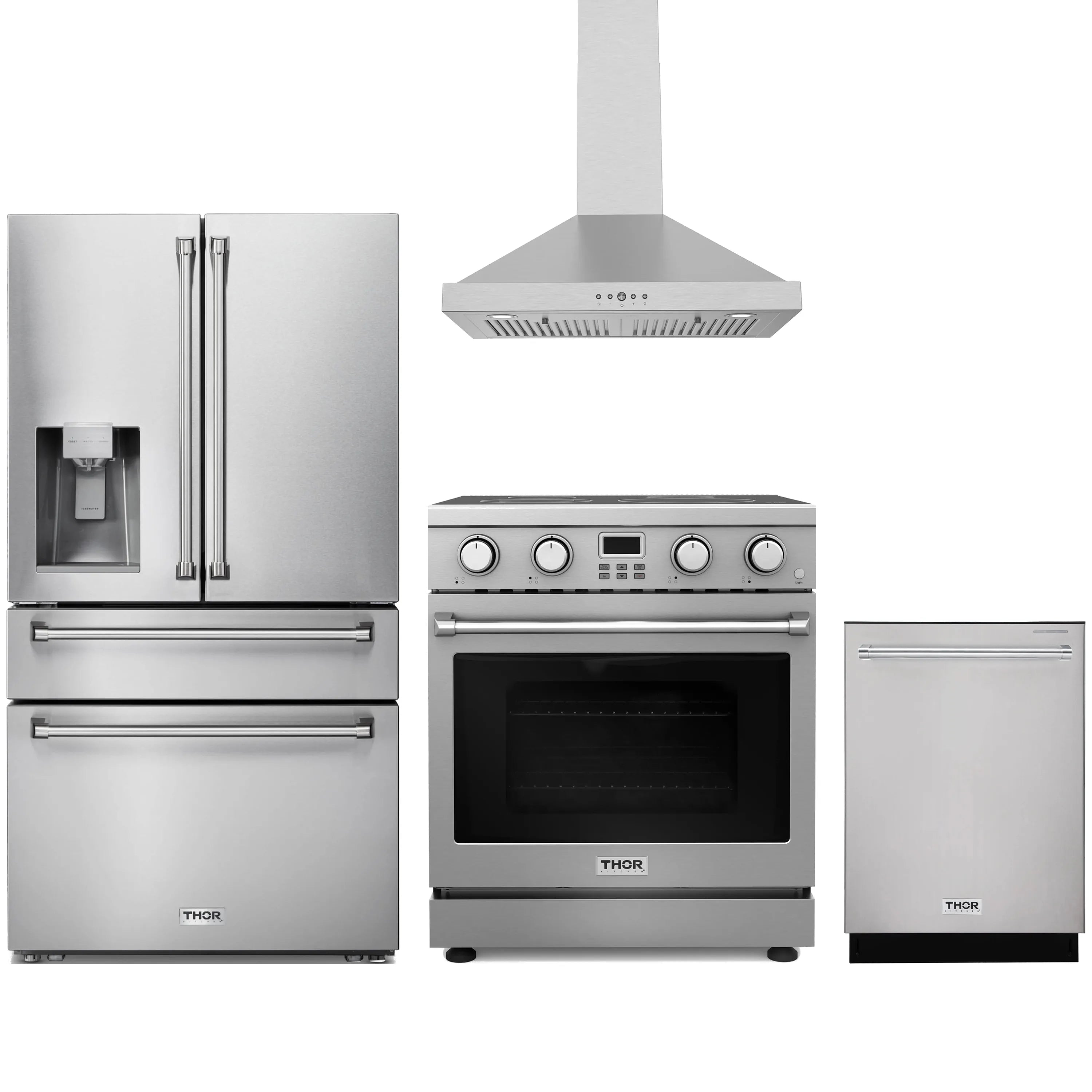 Stainless steel Thor Kitchen appliance package with 30-inch electric range, range hood, refrigerator with water dispenser, dishwasher