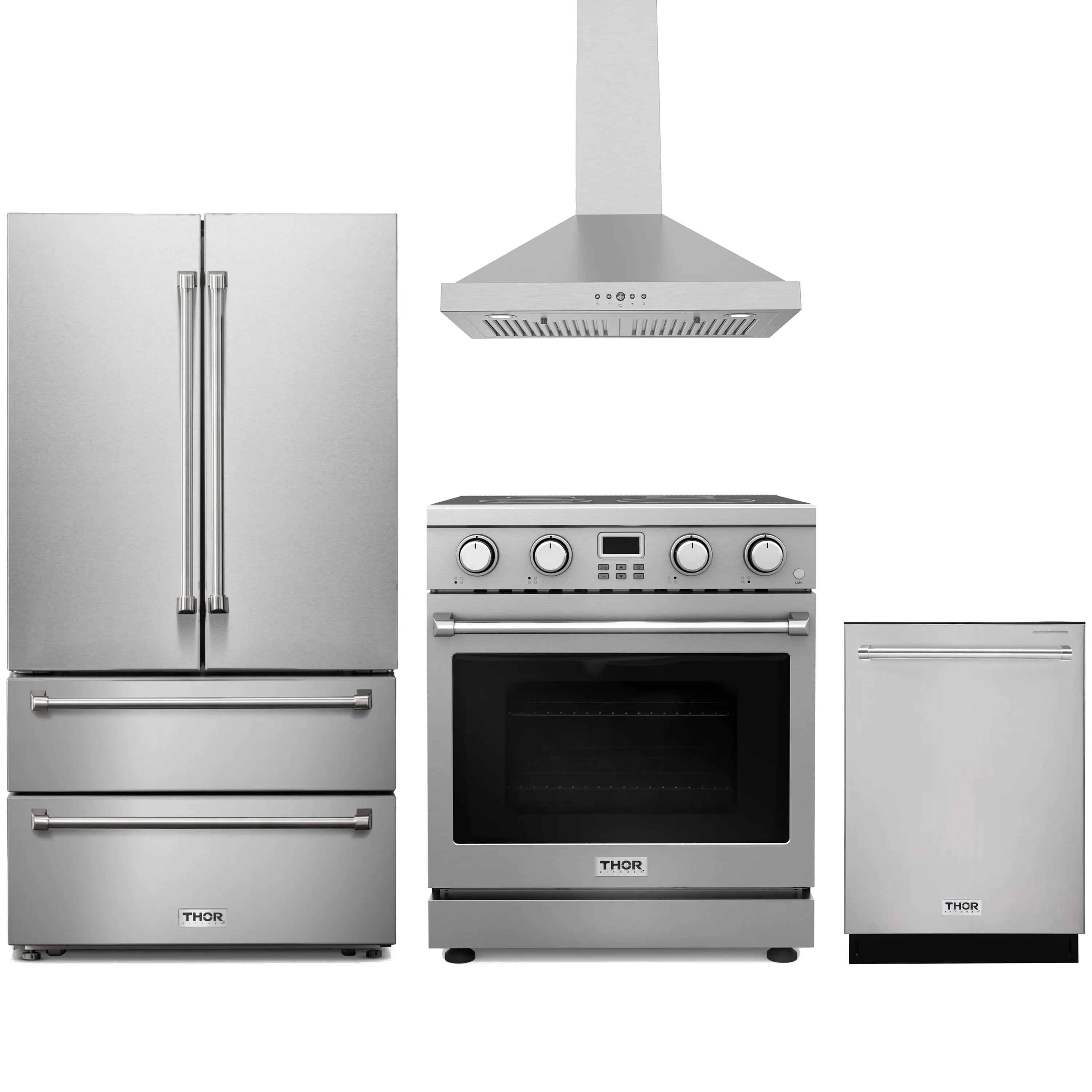Stainless steel Thor Kitchen appliance package with 30-inch electric range, range hood, french door refrigerator, dishwasher